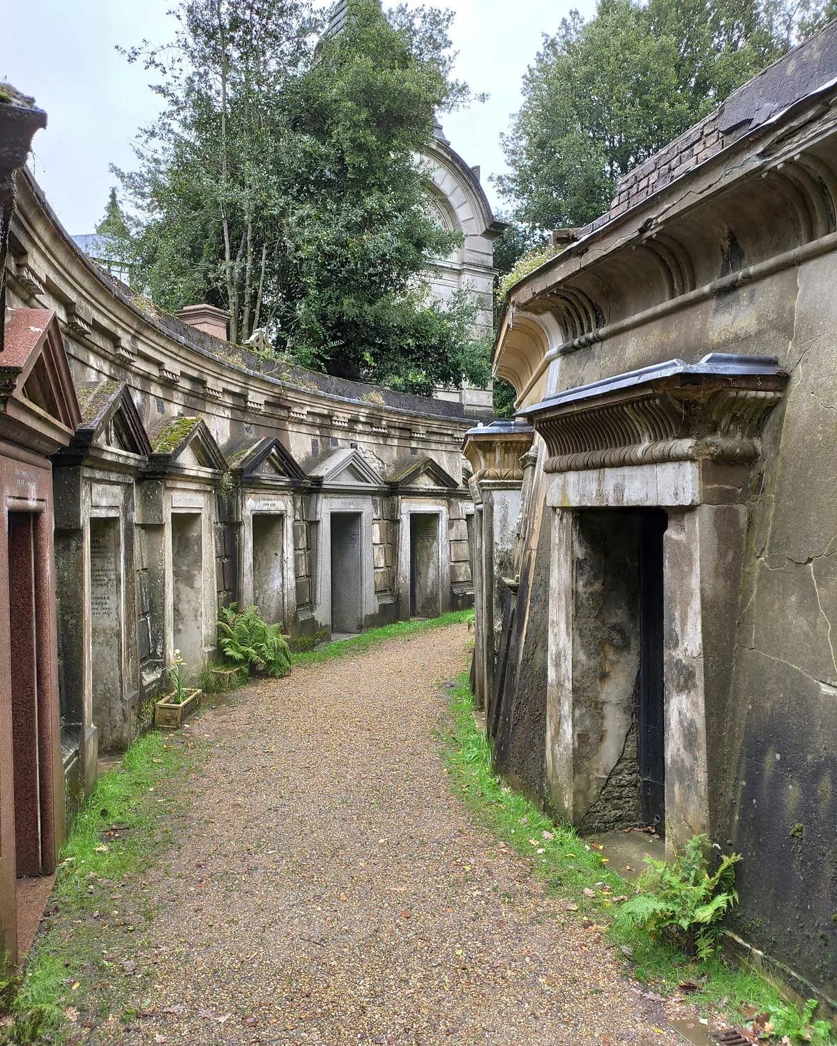 A gravel path curving between Victorian tombs and catacomb doors at Highgate Cemetery, under tall trees