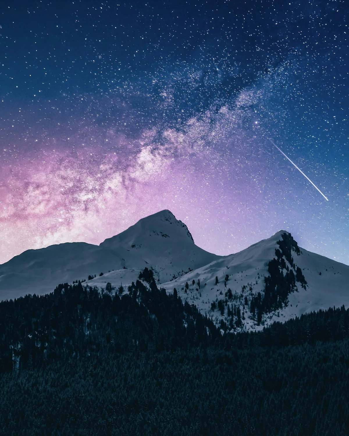 The Milky Way and a shooting star over snow-covered peaks and a dark forest