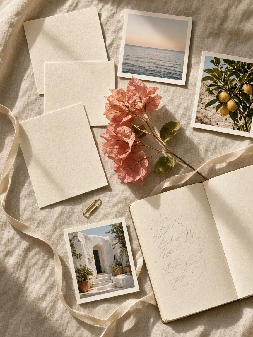 Postcards of the sea, a lemon tree and a whitewashed doorway beside pink bougainvillea and an open journal on linen
