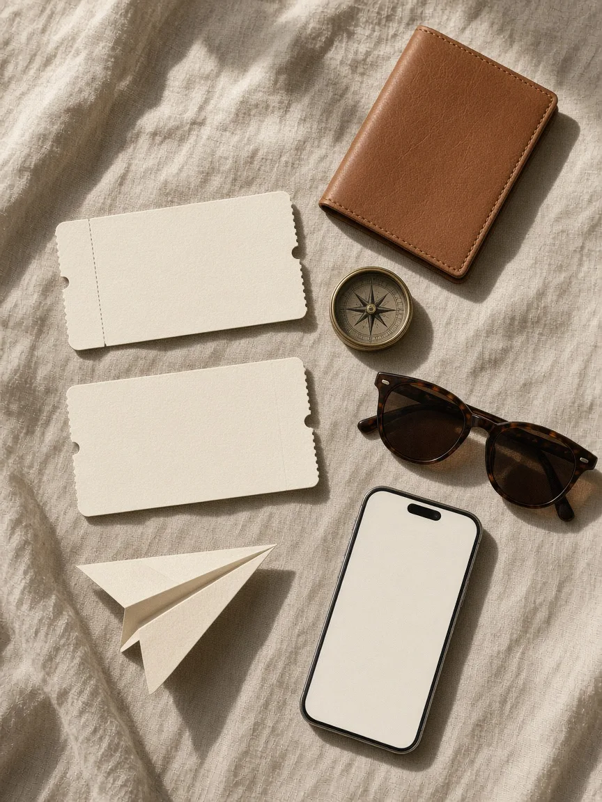 Two blank boarding passes, a tan passport cover, a brass compass, sunglasses and a phone on linen