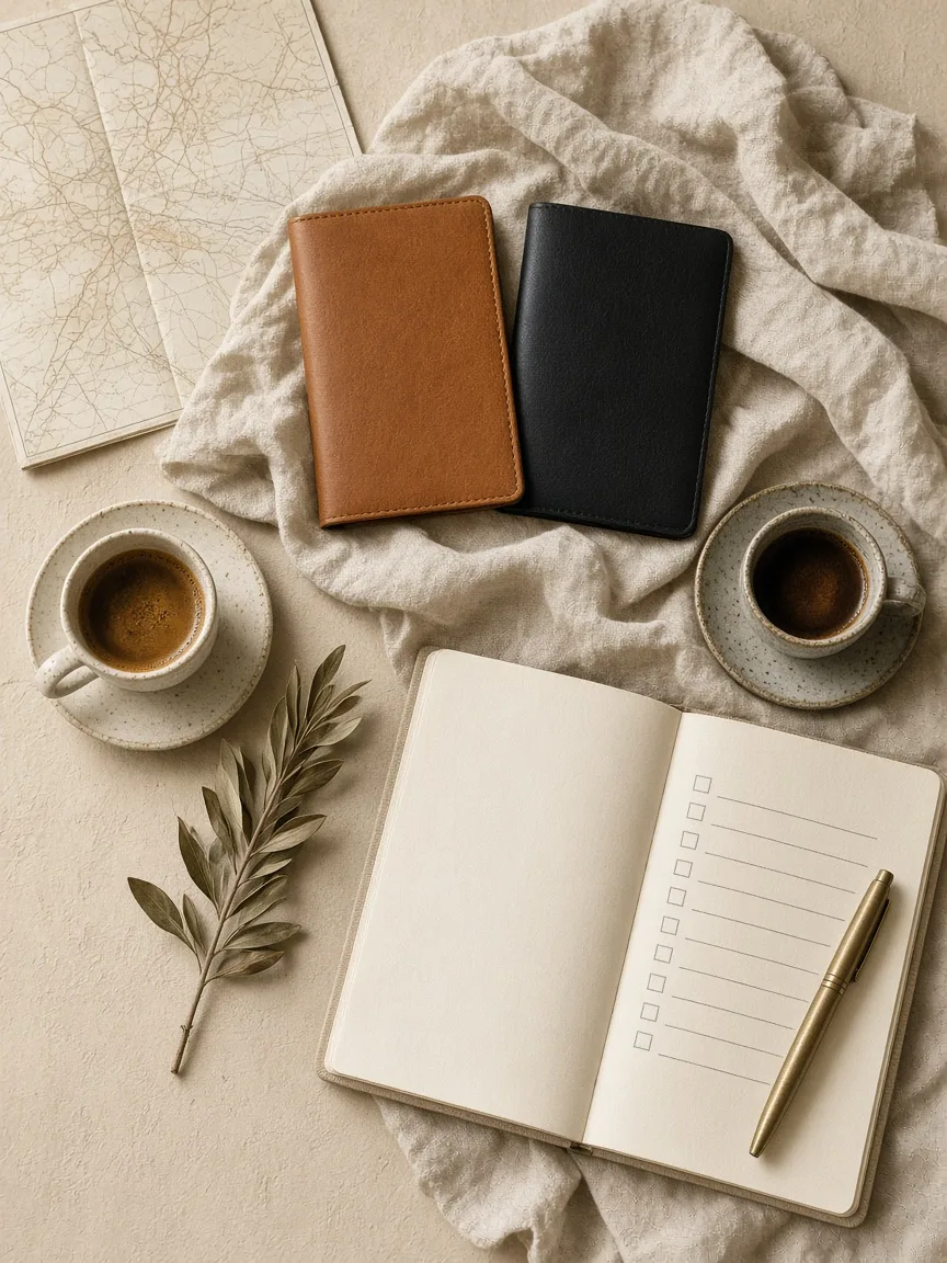 Two leather passport covers, a folded map, an open notebook with a checklist, espresso cups and an olive sprig on linen