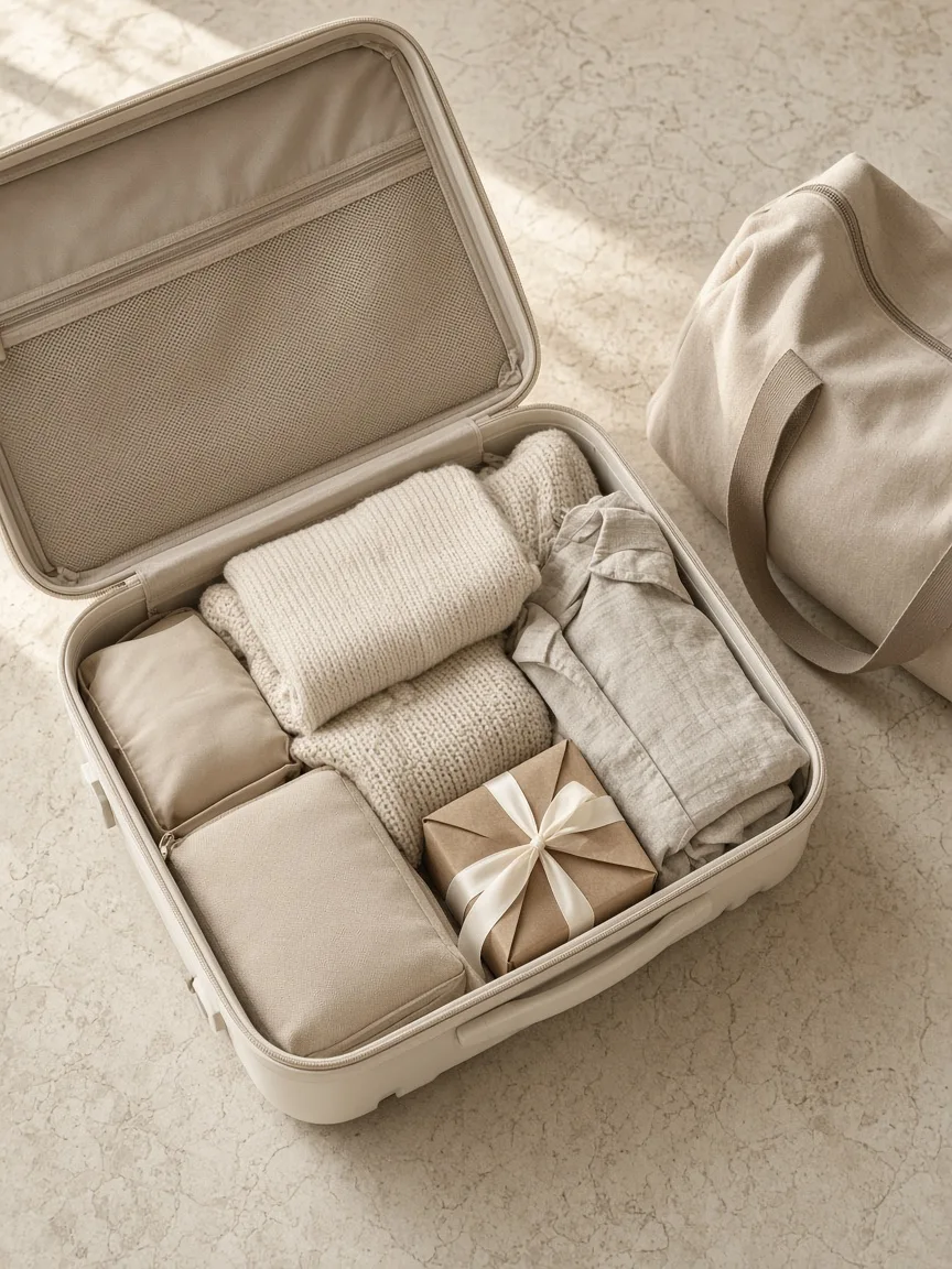 An open cream carry-on suitcase packed with folded neutral clothes and a small gift