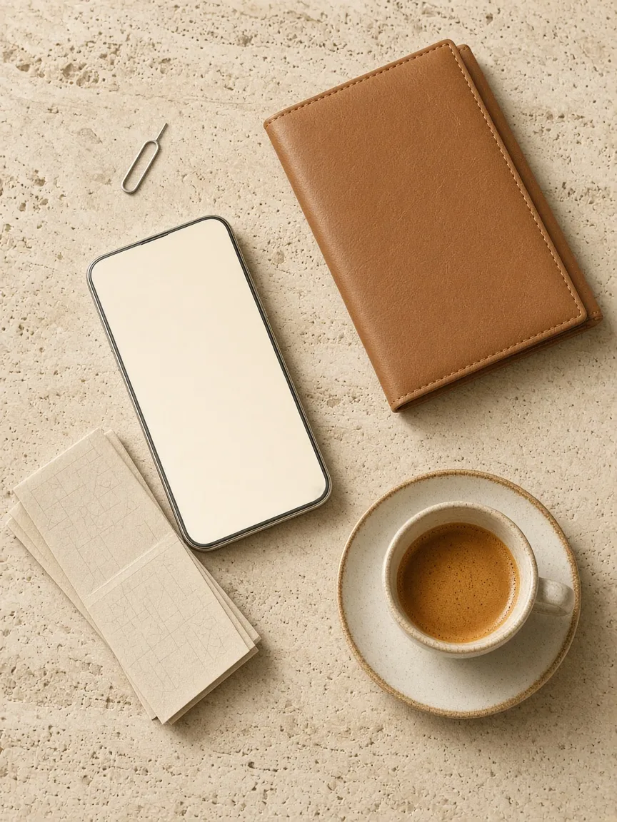A phone with a blank screen, a tan passport cover, a linen notebook and a coffee on stone