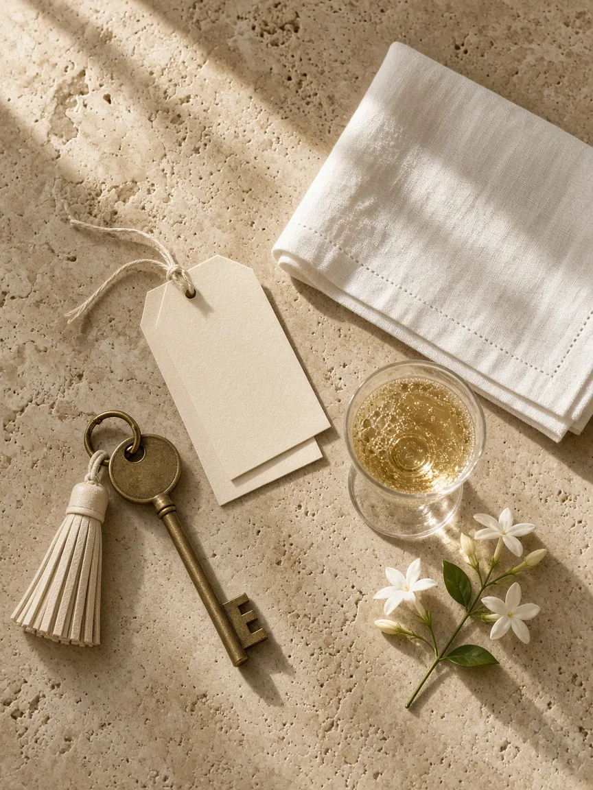 A brass hotel key with a cream tassel, two blank tags, a linen napkin, a glass of sparkling wine and jasmine on travertine