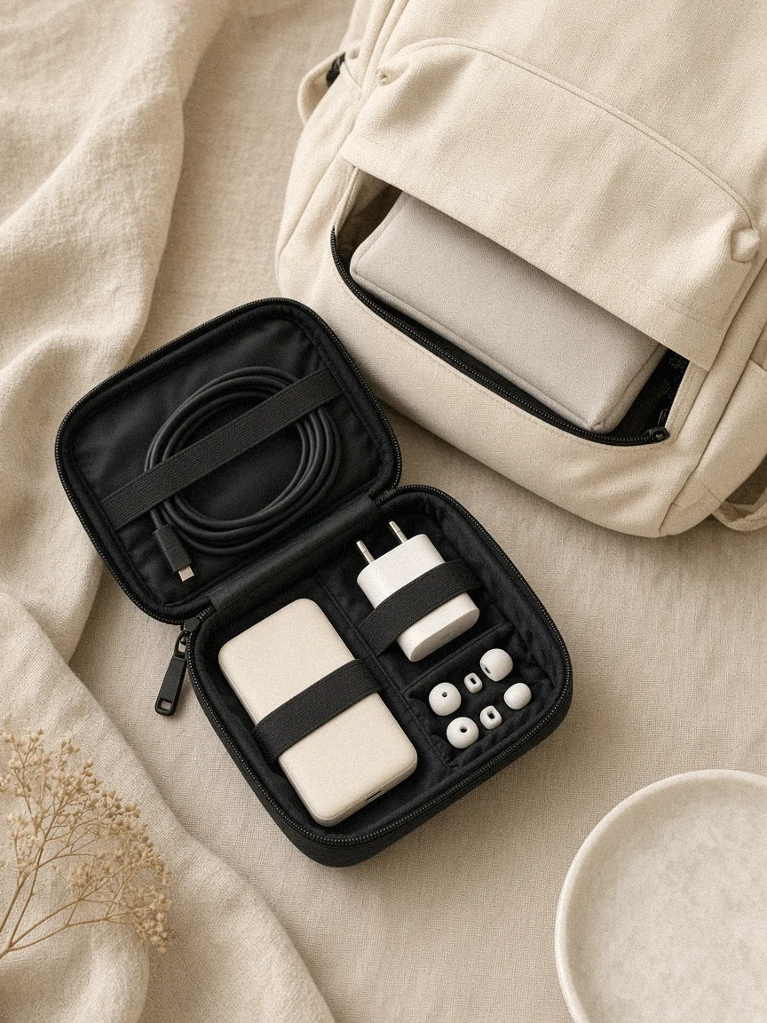 A zipped tech pouch with chargers and earbuds beside a cream backpack on linen