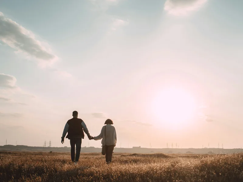 A couple seen from behind, walking hand in hand across a field in soft golden light