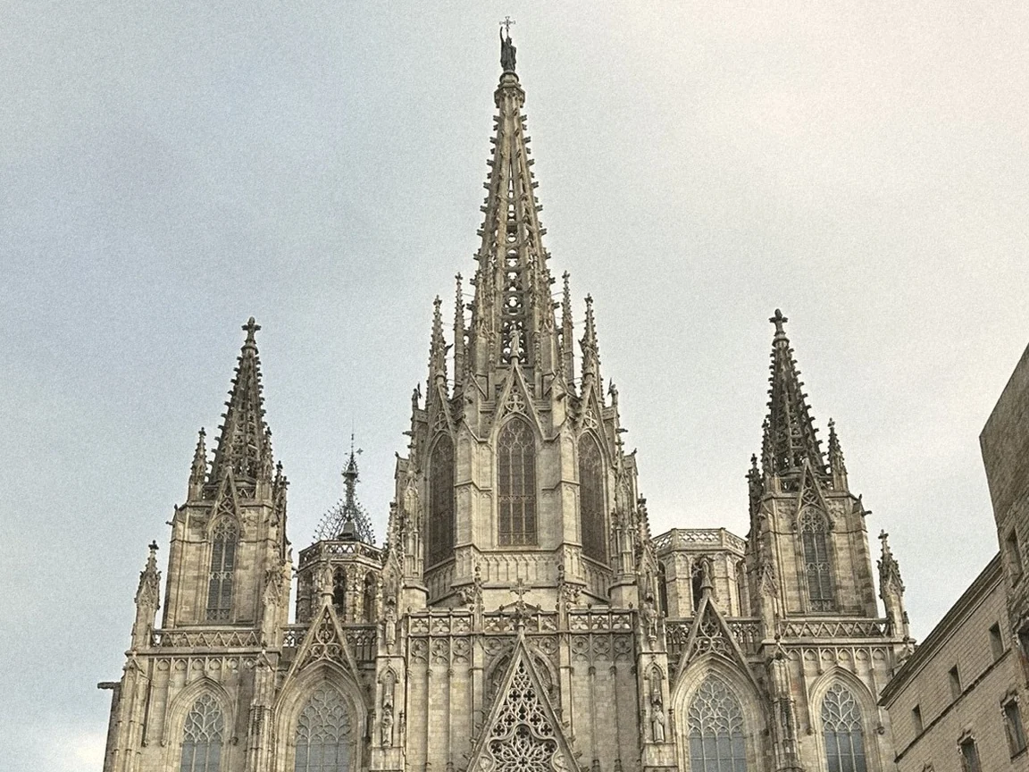 The Gothic spires of Barcelona Cathedral in the Gothic Quarter under a soft sky