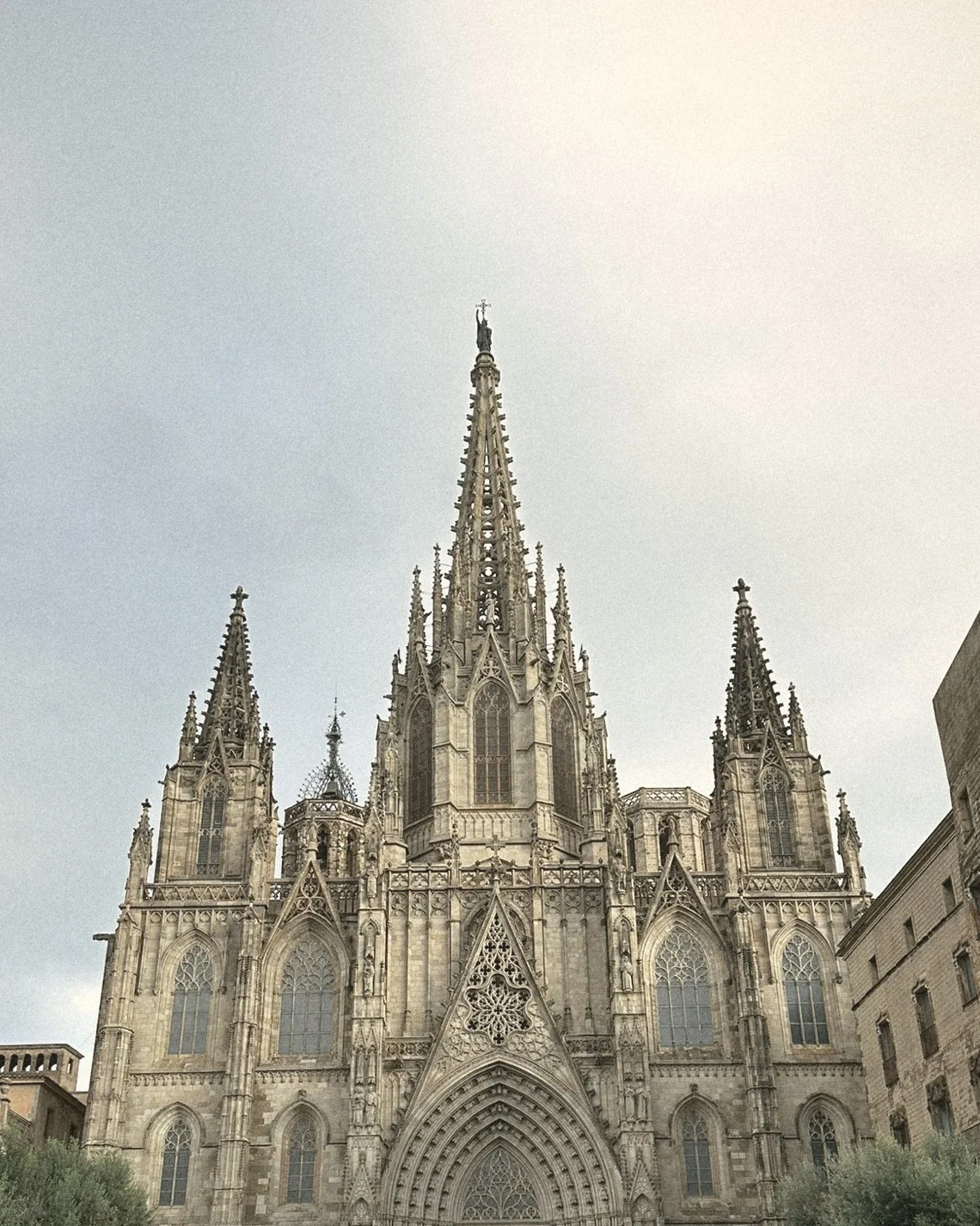 The Gothic spires of Barcelona Cathedral under a soft sky