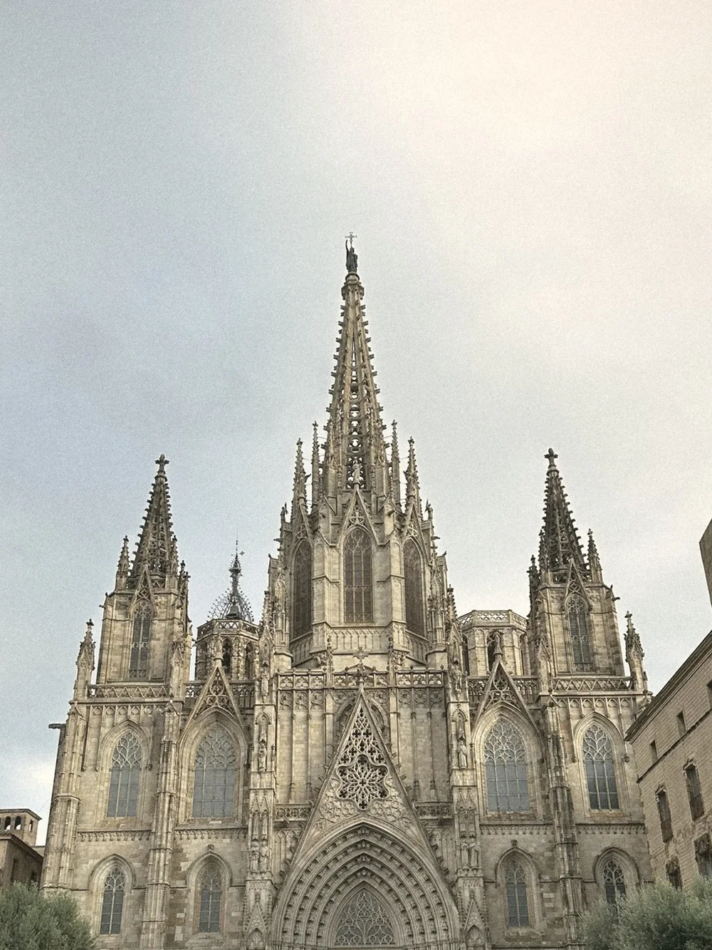 The Gothic façade and spires of Barcelona Cathedral in the Gothic Quarter