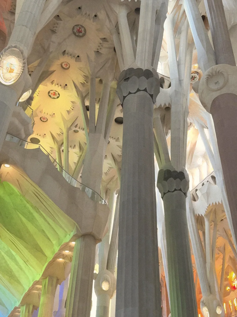 Inside the Sagrada Família: pale stone columns branching like trees into a ceiling of carved stars, with green and gold light from the stained glass