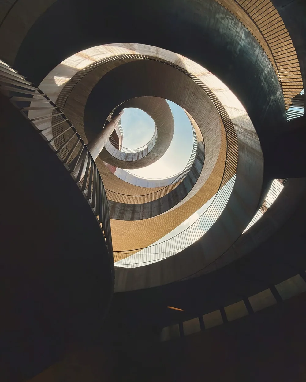 Looking up through the curving spiral staircase inside the Antinori nel Chianti Classico winery