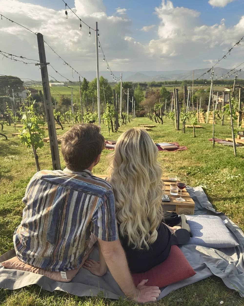 A couple seen from behind on a picnic blanket in a vineyard, wine glasses on a wooden crate