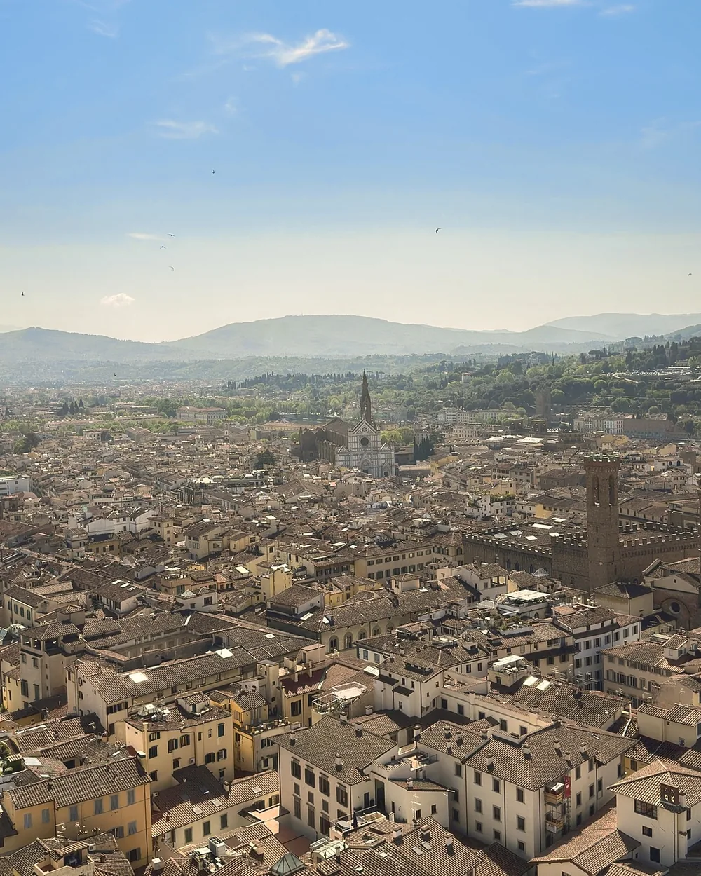 A sea of terracotta rooftops stretching to the Tuscan hills, seen from the top of Giotto's bell tower